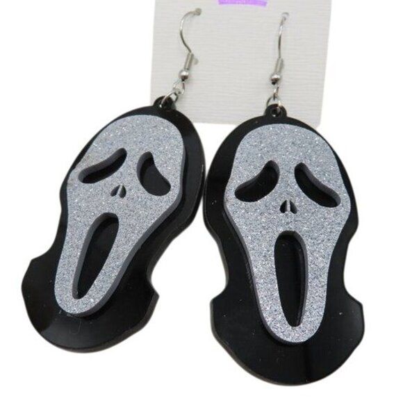 Ghost Face Black Silver Glitter Dangle Earrings Halloween Scream Horror Spooky - Picture 1 of 8